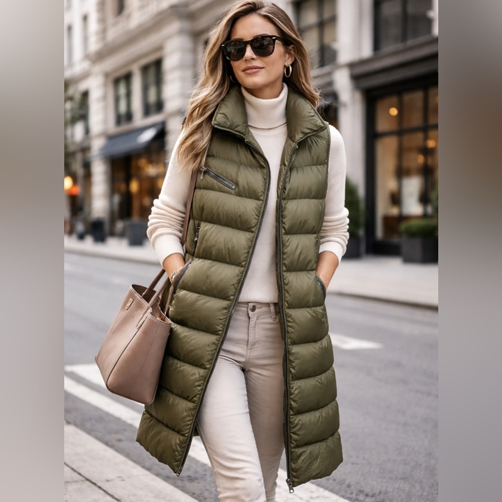 Olive Green Down-Filled Long Puffer Vest Size 2 |‎ Asymmetrical Zip Quilted Vest